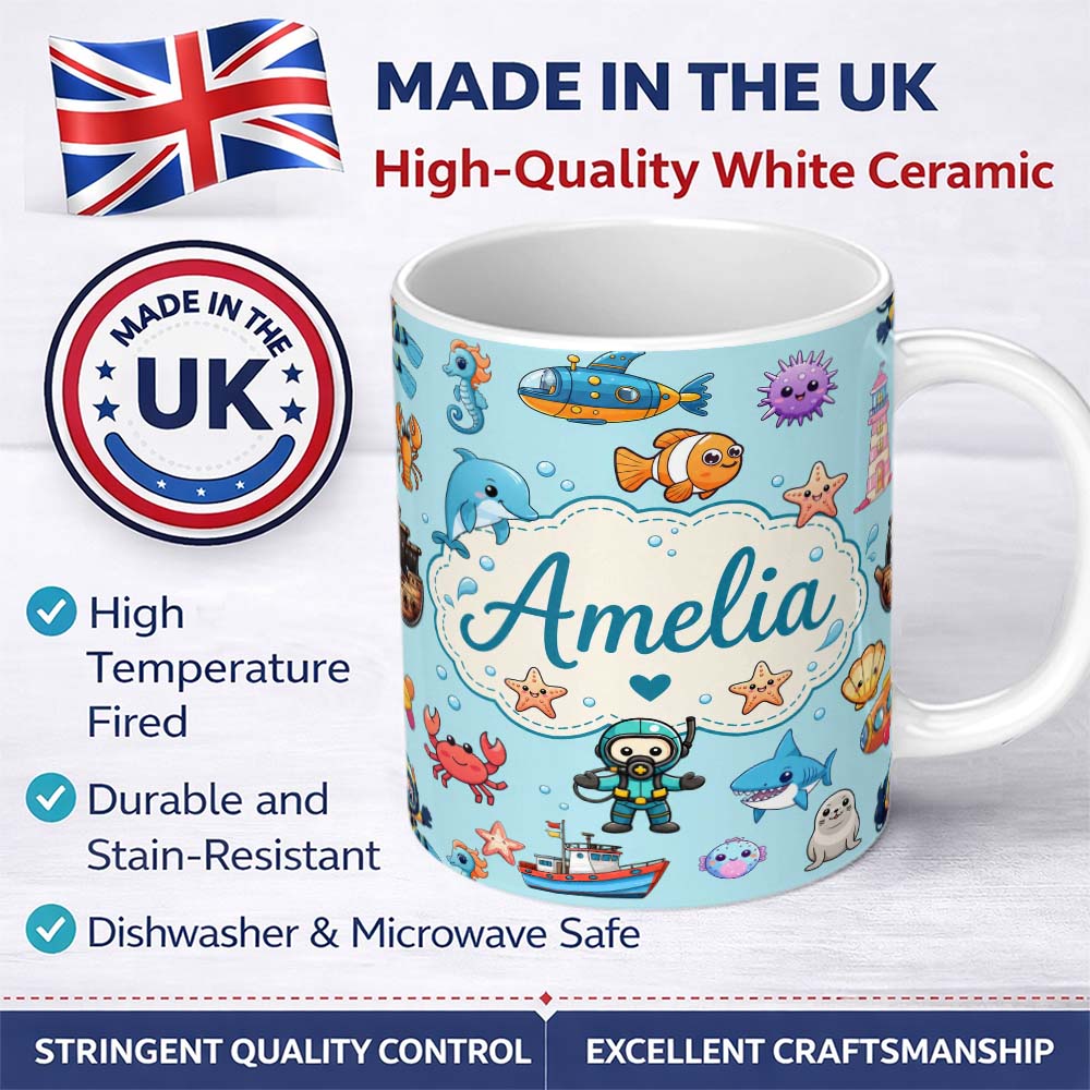 Personalized Custom Name Cartoon Ocean with various sea Creatures Sea Creatures on Aqua Blue 11oz Ceramic Coffee Tea Mug White Large Handle