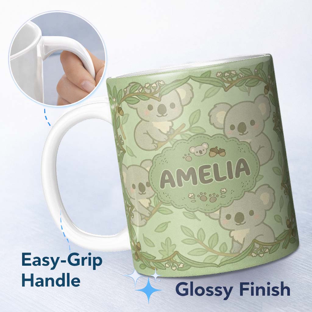 Personalized Custom Name Cute Koala Cartoon Animal Pattern Thoughtful Gift Idea Lovely 11oz Ceramic Coffee Tea Mug White Large Handle