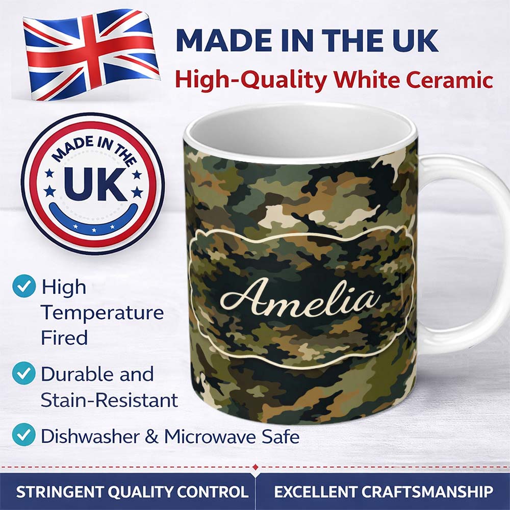 Personalized Custom Name Classic Green Brown Army Camouflage Seamless Pattern Lovely 11oz Ceramic Coffee Tea Mug White Large Handle