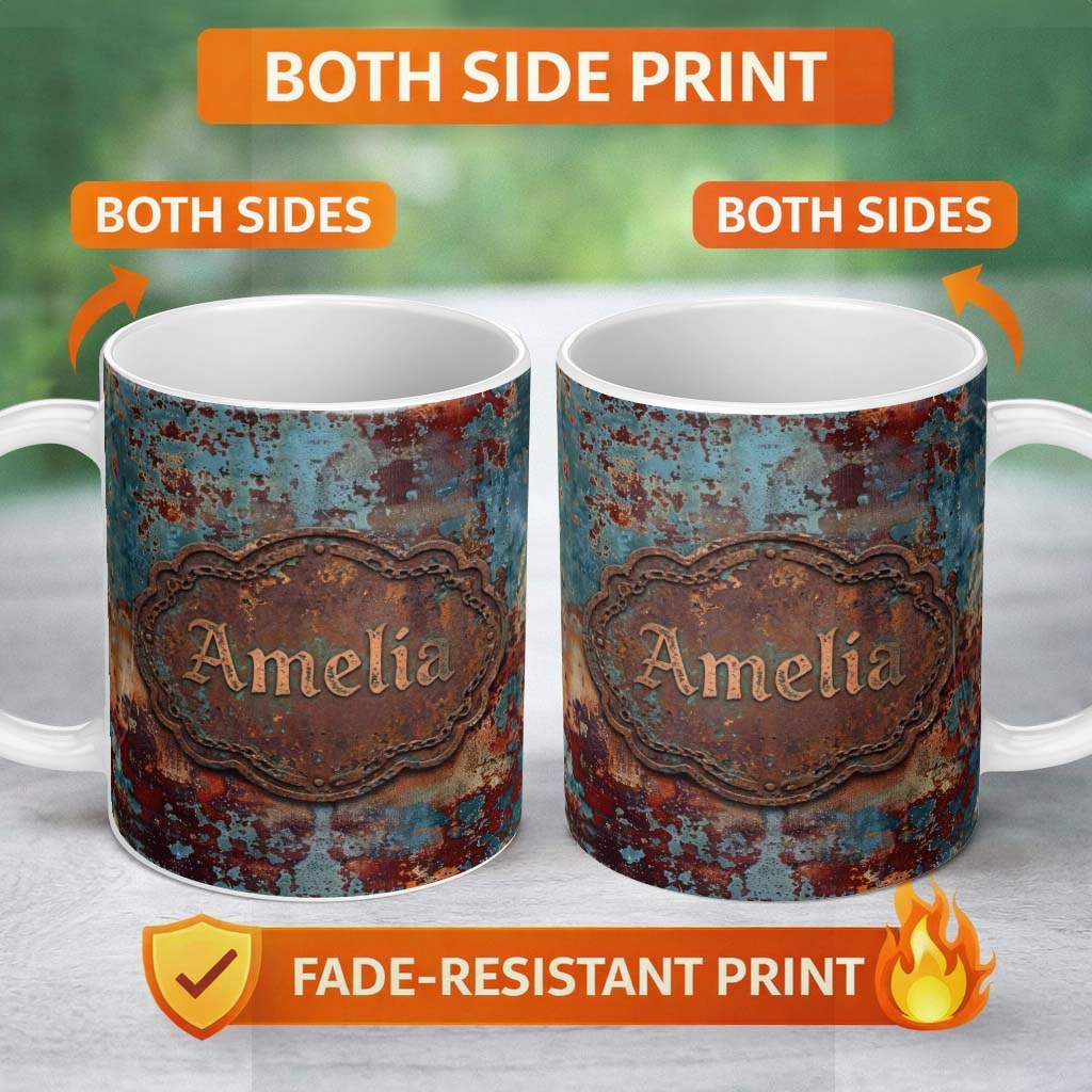 Personalized Custom Name Abstract Rust Patina Texture Teal Blue Oxidised Metal Grunge Lovely 11oz Ceramic Coffee Tea Mug White Large Handle