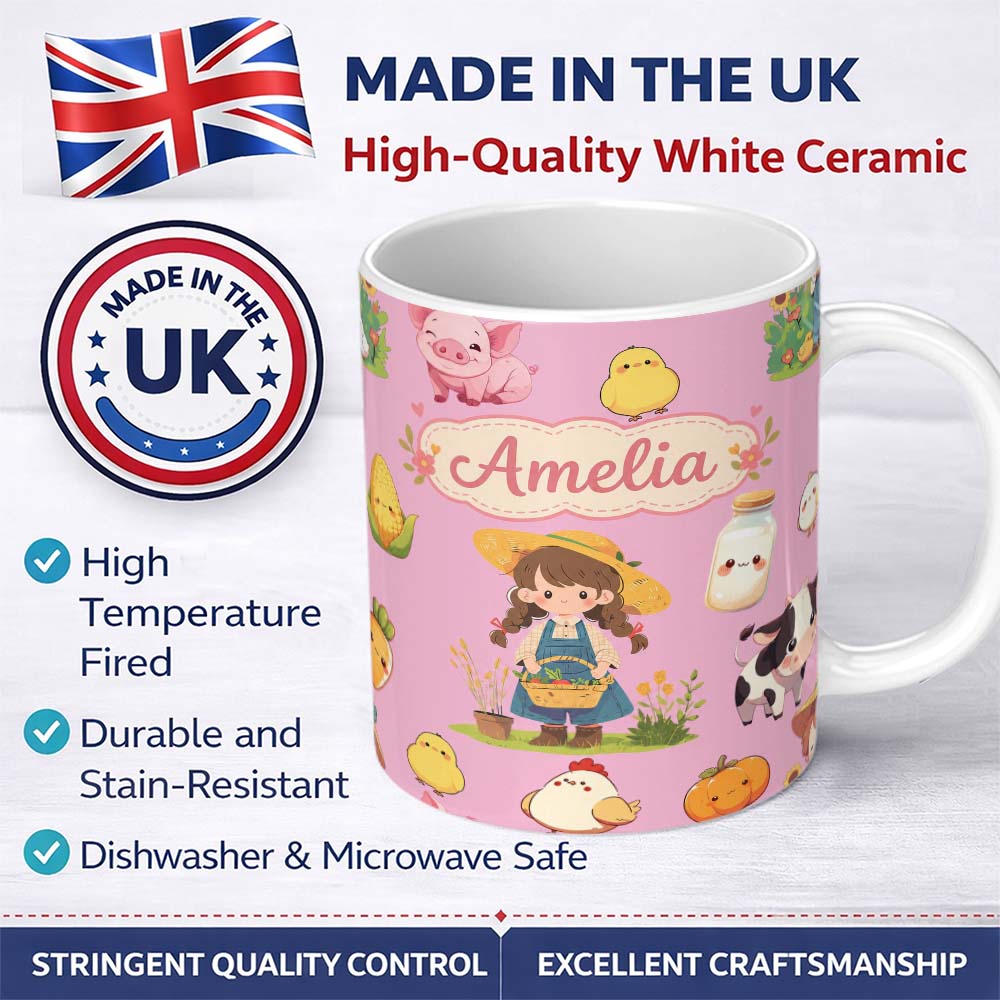 Personalized Custom Name Cute Farm Girl Pig Cow Chicken Corn Milk Pink Background Seamless 11oz Ceramic Coffee Tea Mug White Large Handle