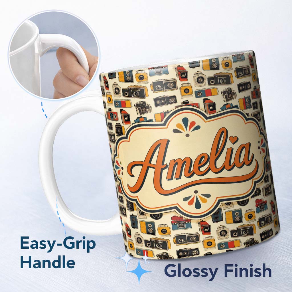 Personalized Custom Name Minimal Retro Camera Tossed Seamless Pattern Neutral Cream Lovely 11oz Ceramic Coffee Tea Mug White Large Handle