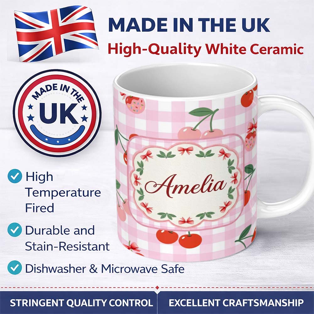 Personalized Custom Name Cute Cherry Fruit with Bow and Sprinkles Pattern Pink Gingham Check 11oz Ceramic Coffee Tea Mug White Large Handle