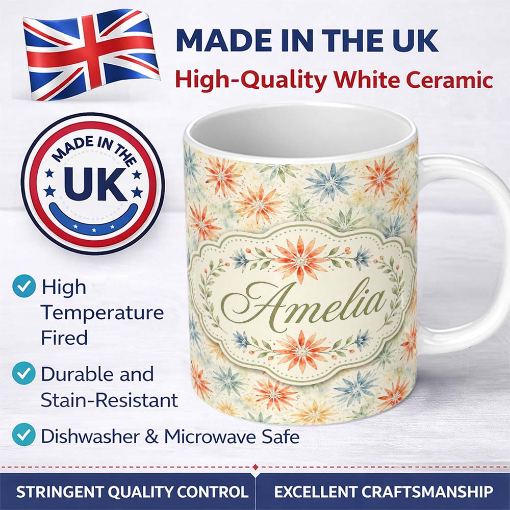 Personalized Custom Name Multicolor Starburst Floral Watercolor Seamless Pattern Lovely 11oz Ceramic Coffee Tea Mug White Large Handle