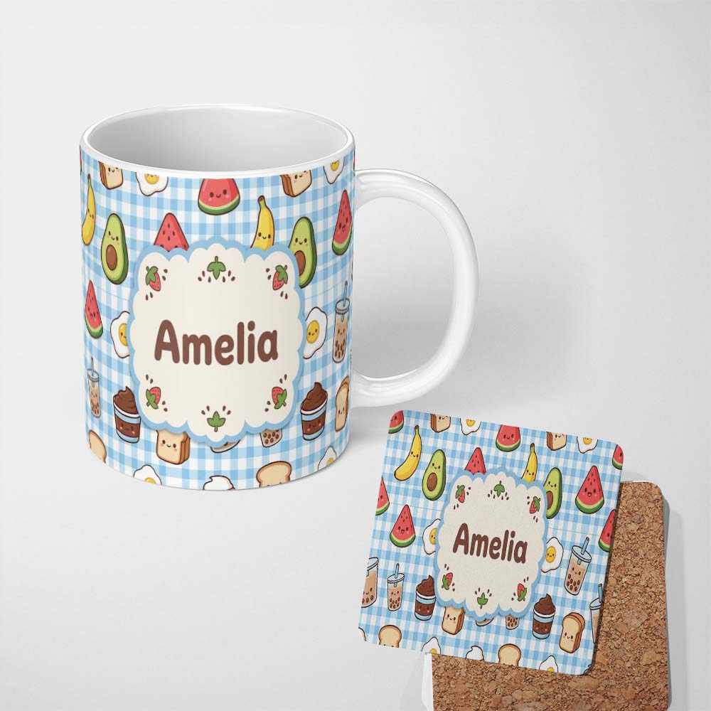 Personalized Custom Name Cute Kawaii Food Collage Pattern Sweet Treats And Drinks Lovely 11oz Ceramic Coffee Tea Mug White Large Handle