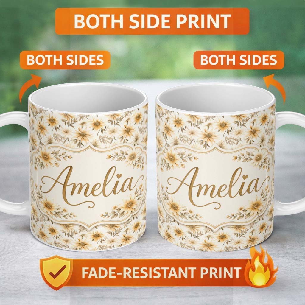 Personalized Custom Name Neutral Beige Floral Botanical Elegant Seamless Pattern Lovely 11oz Ceramic Coffee Tea Mug White Large Handle