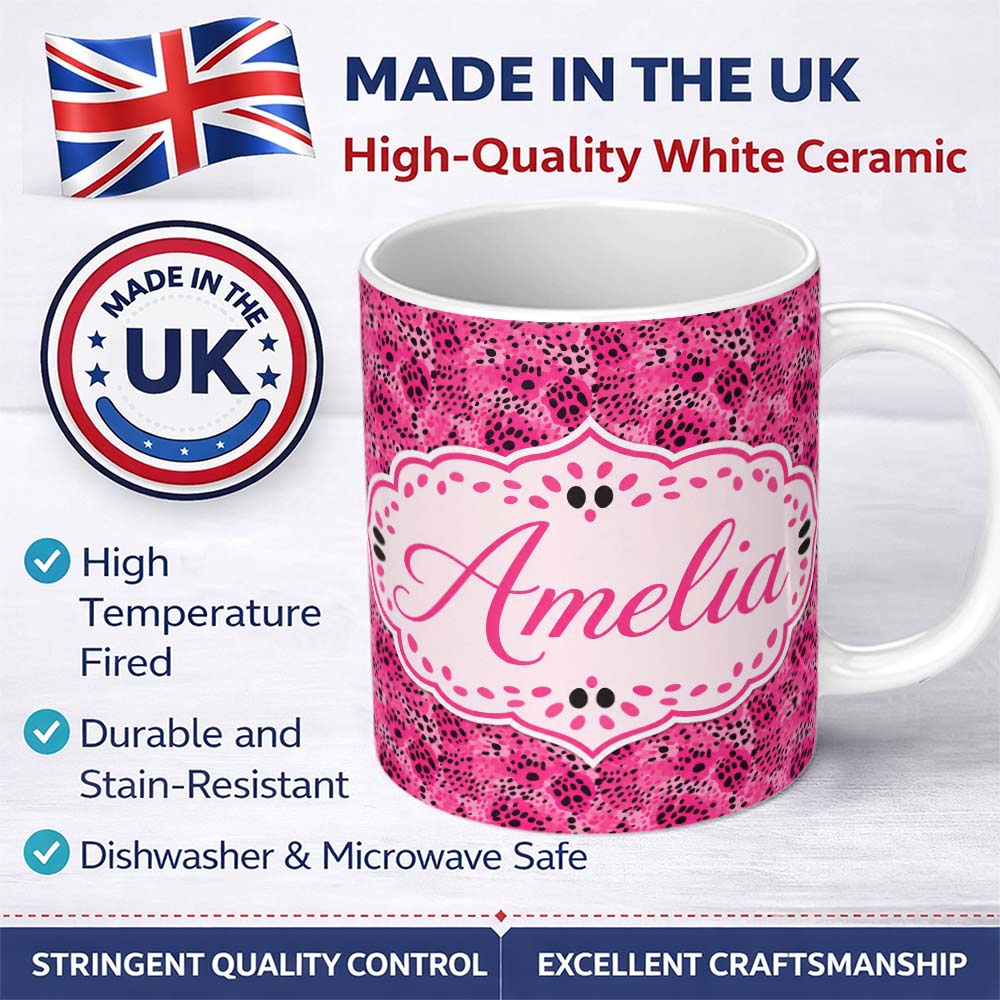 Personalized Custom Name Bright Pink Leopard Spot Seamless Pattern Bold Animal Print Design 11oz Ceramic Coffee Tea Mug White Large Handle