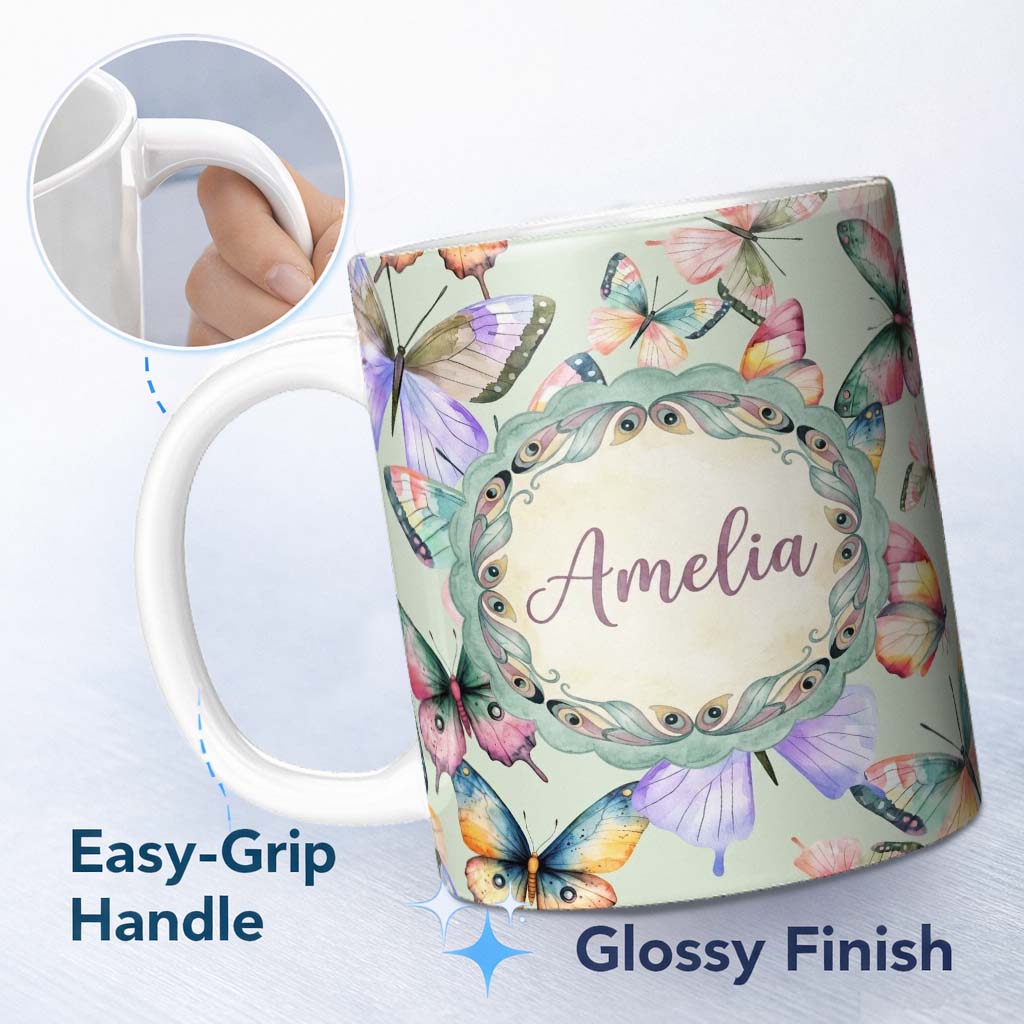 Personalized Custom Name Colorful Watercolor Butterflies on Sage Green Background Seamless 11oz Ceramic Coffee Tea Mug White Large Handle