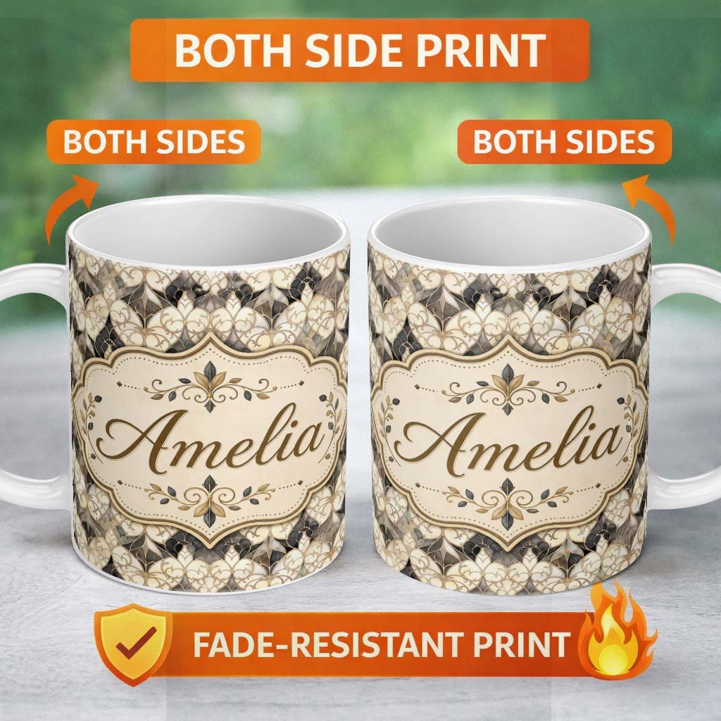 Personalized Custom Name Elegant Vintage Damask Floral Beige and Charcoal Seamless Pattern 11oz Ceramic Coffee Tea Mug White Large Handle