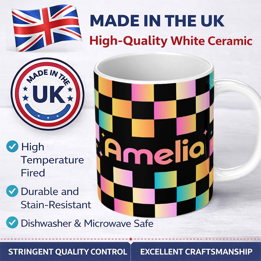 Personalized Custom Name Abstract Gradient Checkerboard Modern Seamless Pattern Lovely 11oz Ceramic Coffee Tea Mug White Large Handle