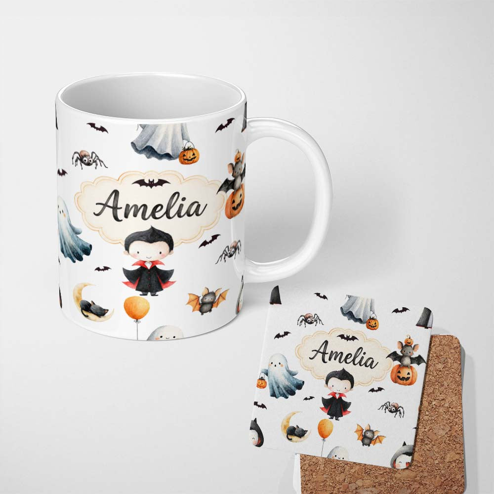 Personalized Custom Name Cute Halloween Dracula Ghost Bats on Light Grey Background Seamless 11oz Ceramic Coffee Tea Mug White Large Handle