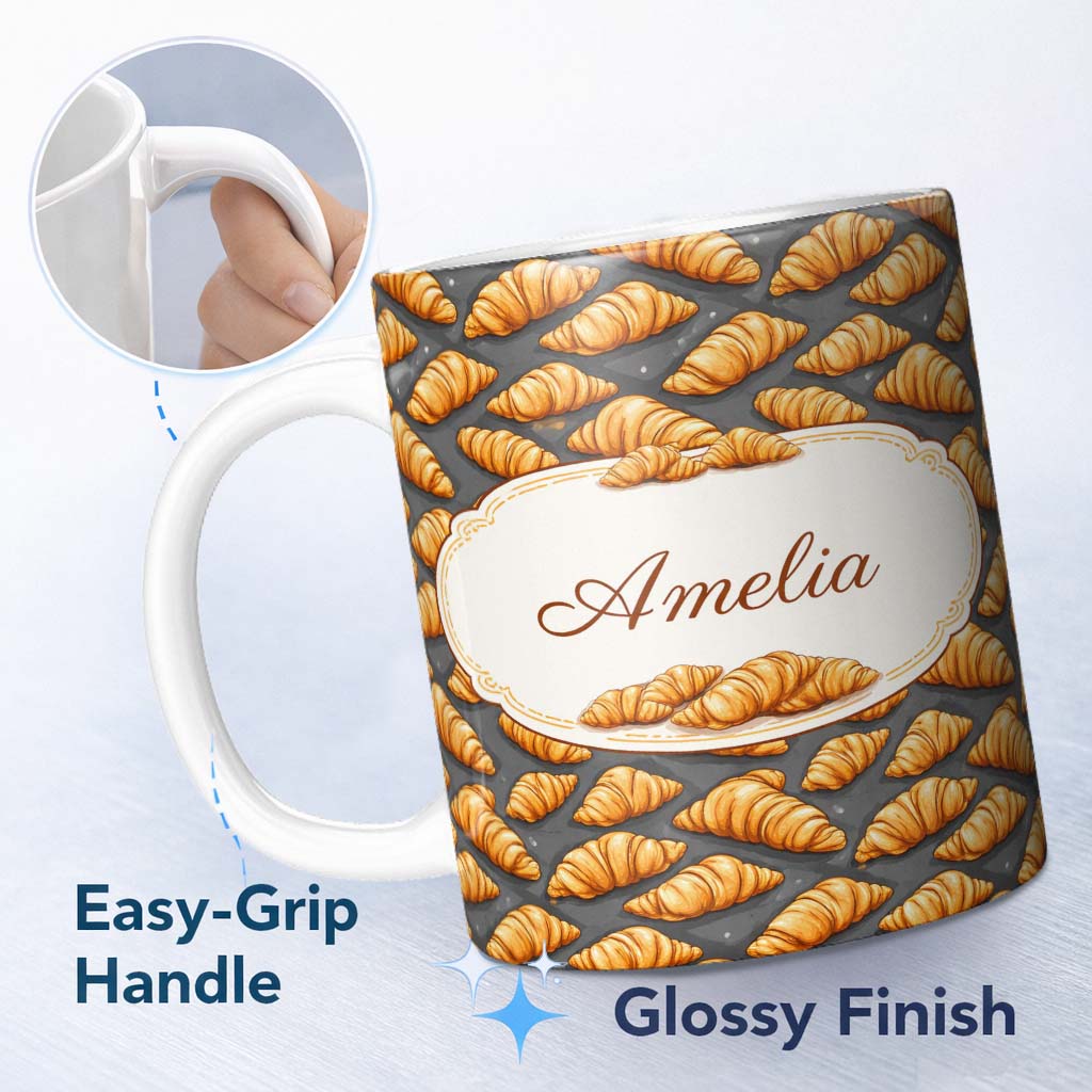 Personalized Custom Name Classic Croissant on Dark Blue Background Repeating Seamless Pattern 11oz Ceramic Coffee Tea Mug White Large Handle