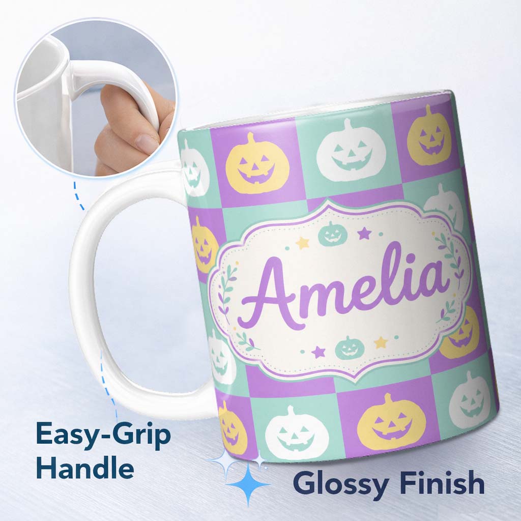 Personalized Custom Name Pastel Pumpkin Checkerboard Soft Halloween Seamless Pattern UK Name 11oz Ceramic Coffee Tea Mug White Large Handle