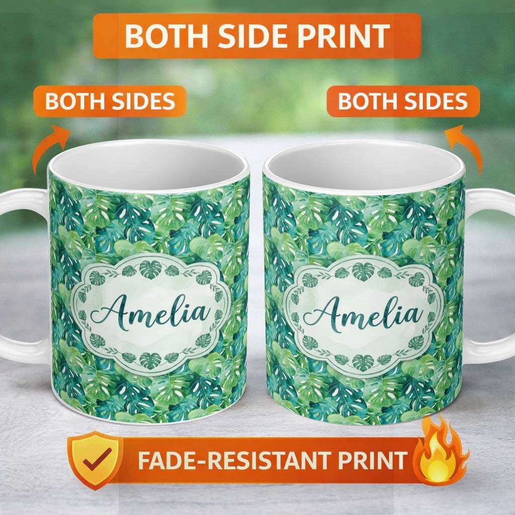 Personalized Custom Name Rich Green Monstera Jungle Leaves Dense Seamless Pattern Lovely 11oz Ceramic Coffee Tea Mug White Large Handle