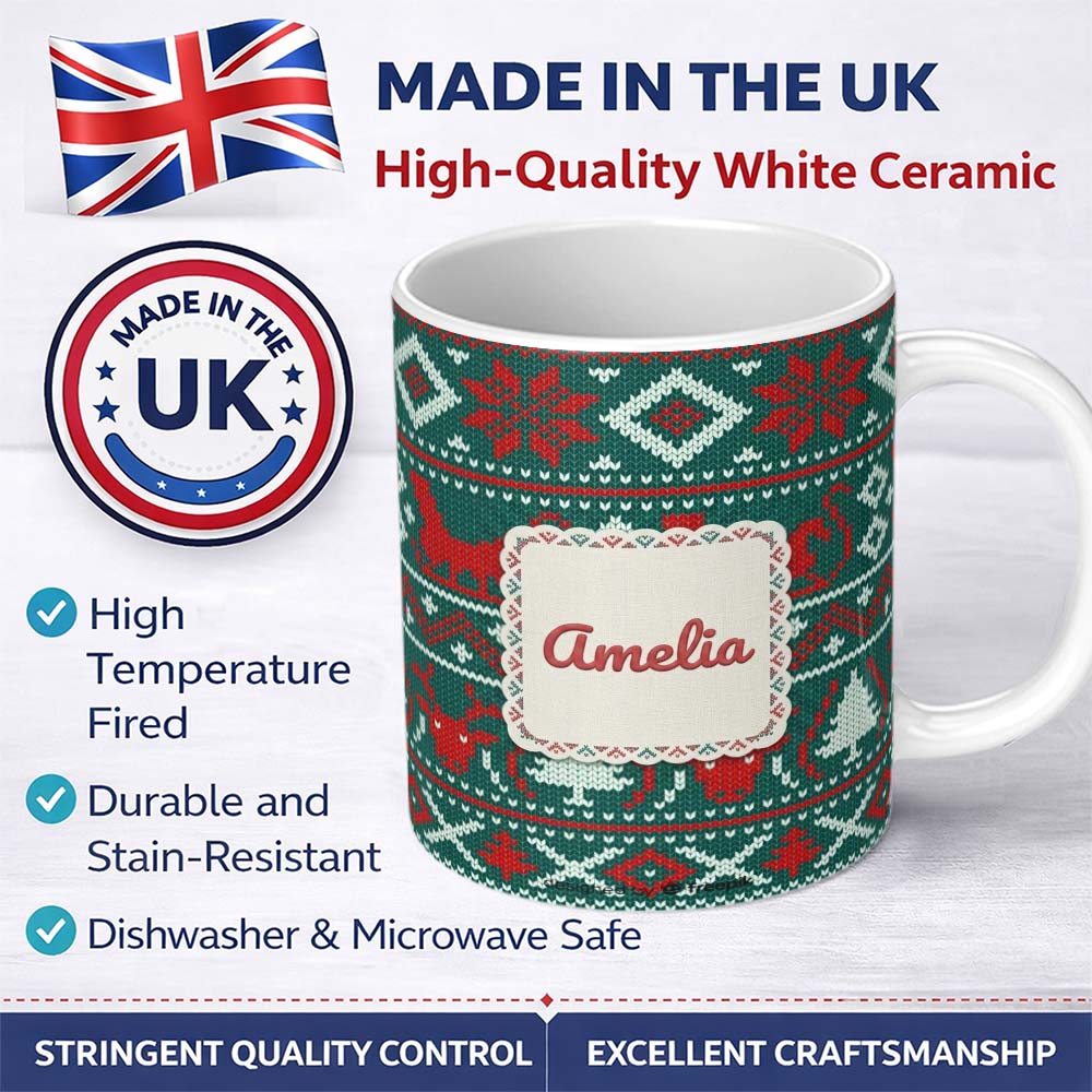 Personalized Custom Name Scandinavian Reindeer Snowflake Knit Pattern Green Background Lovely 11oz Ceramic Coffee Tea Mug White Large Handle