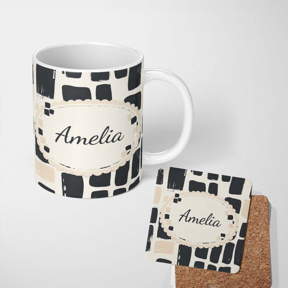 Personalized Custom Name Painterly Block Shapes Black Beige Modern Abstract Pattern Lovely 11oz Ceramic Coffee Tea Mug White Large Handle