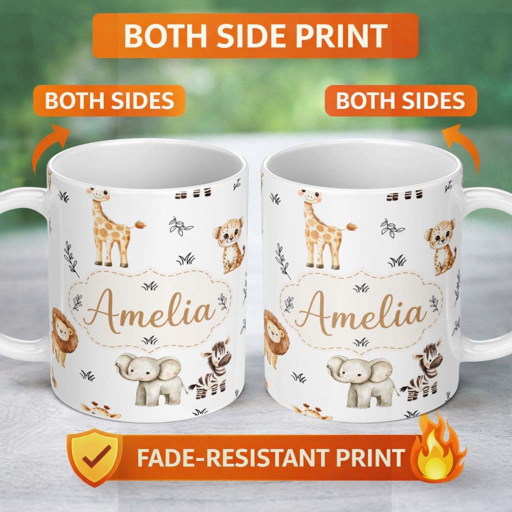 Personalized Custom Name Safari Animals with Elephant Lion and Leopard on Light Grey Lovely 11oz Ceramic Coffee Tea Mug White Large Handle