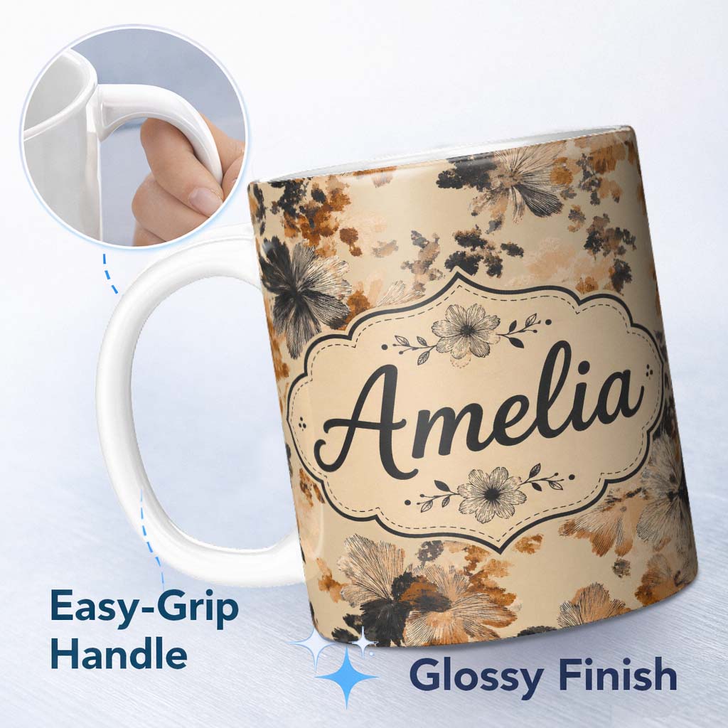 Personalized Custom Name Artistic Watercolor Floral with Soft Neutral Tones Texture Lovely 11oz Ceramic Coffee Tea Mug White Large Handle