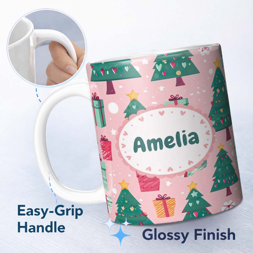 Personalized Custom Name Festive Green Christmas Tree Gifts Cute Holiday Seamless Pattern 11oz Ceramic Coffee Tea Mug White Large Handle