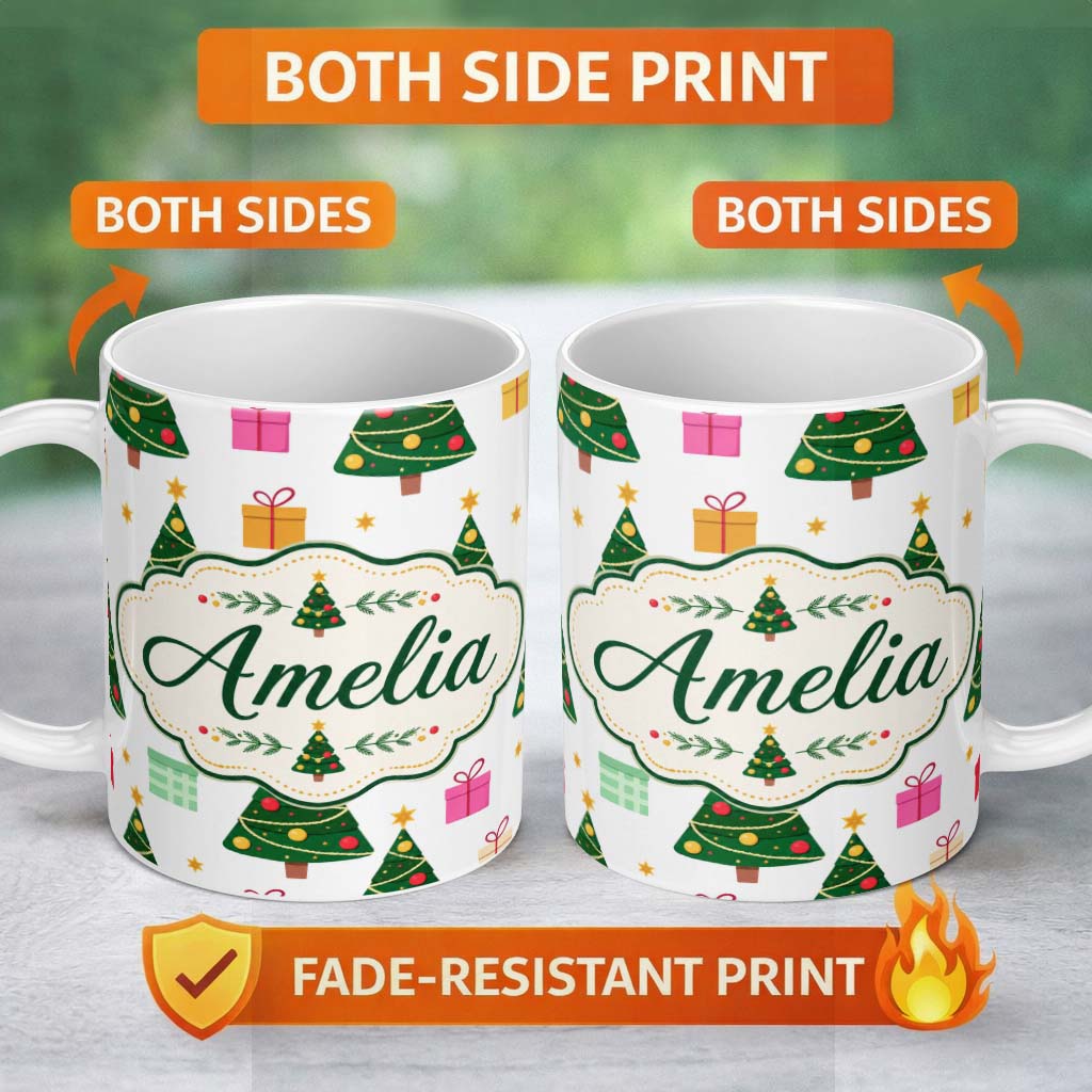 Personalized Custom Name Festive Christmas Trees Gifts Holiday Seamless Pattern Lovely 11oz Ceramic Coffee Tea Mug White Large Handle