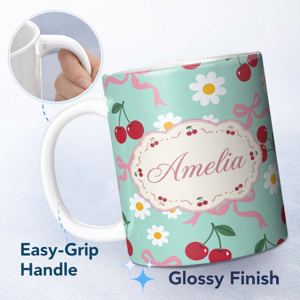 Personalized Custom Name Cute Cherry Bow and Daisy Seamless Pattern on Teal Cute Unique Gift 11oz Ceramic Coffee Tea Mug White Large Handle