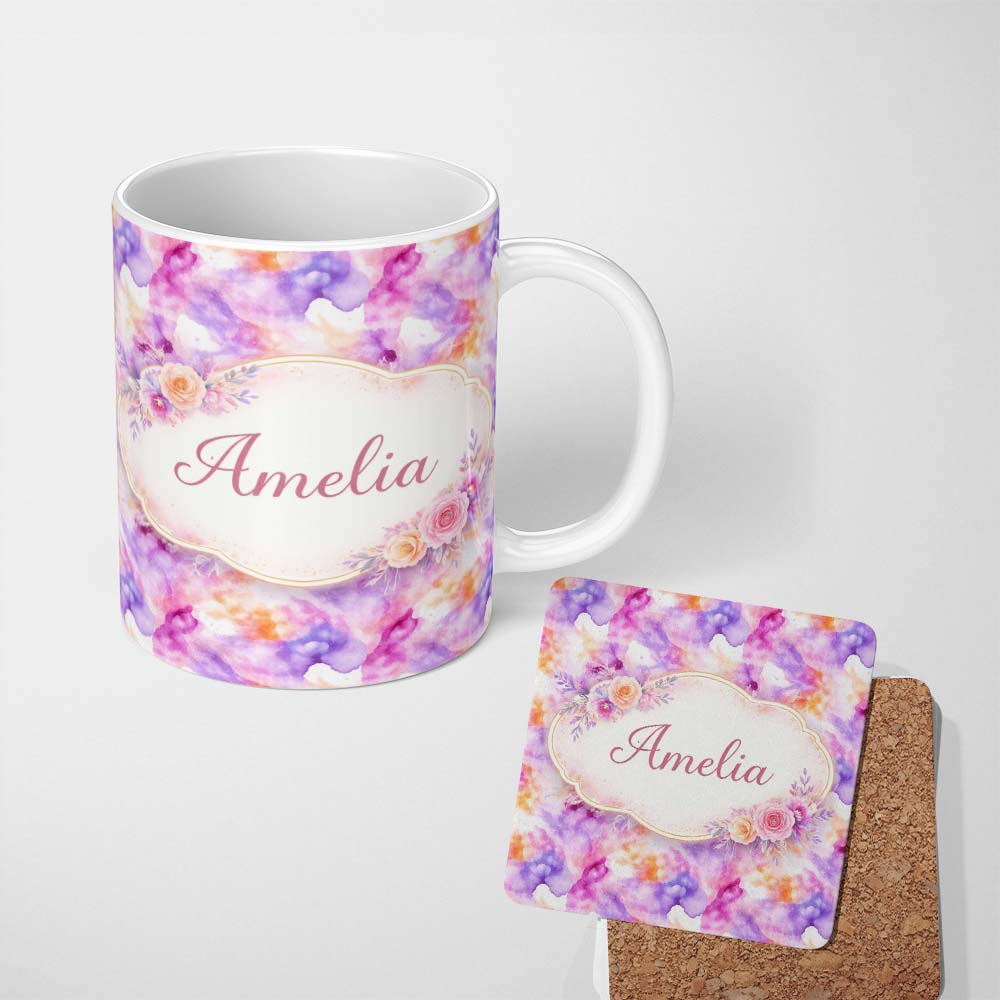 Personalized Custom Name Soft Watercolour Splash Lavender Peach Abstract Pattern Lovely 11oz Ceramic Coffee Tea Mug White Large Handle