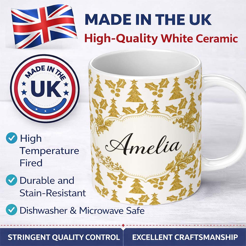 Personalized Custom Name Gold Glitter Christmas Tree Pattern Festive Design Cute Unique Gift 11oz Ceramic Coffee Tea Mug White Large Handle