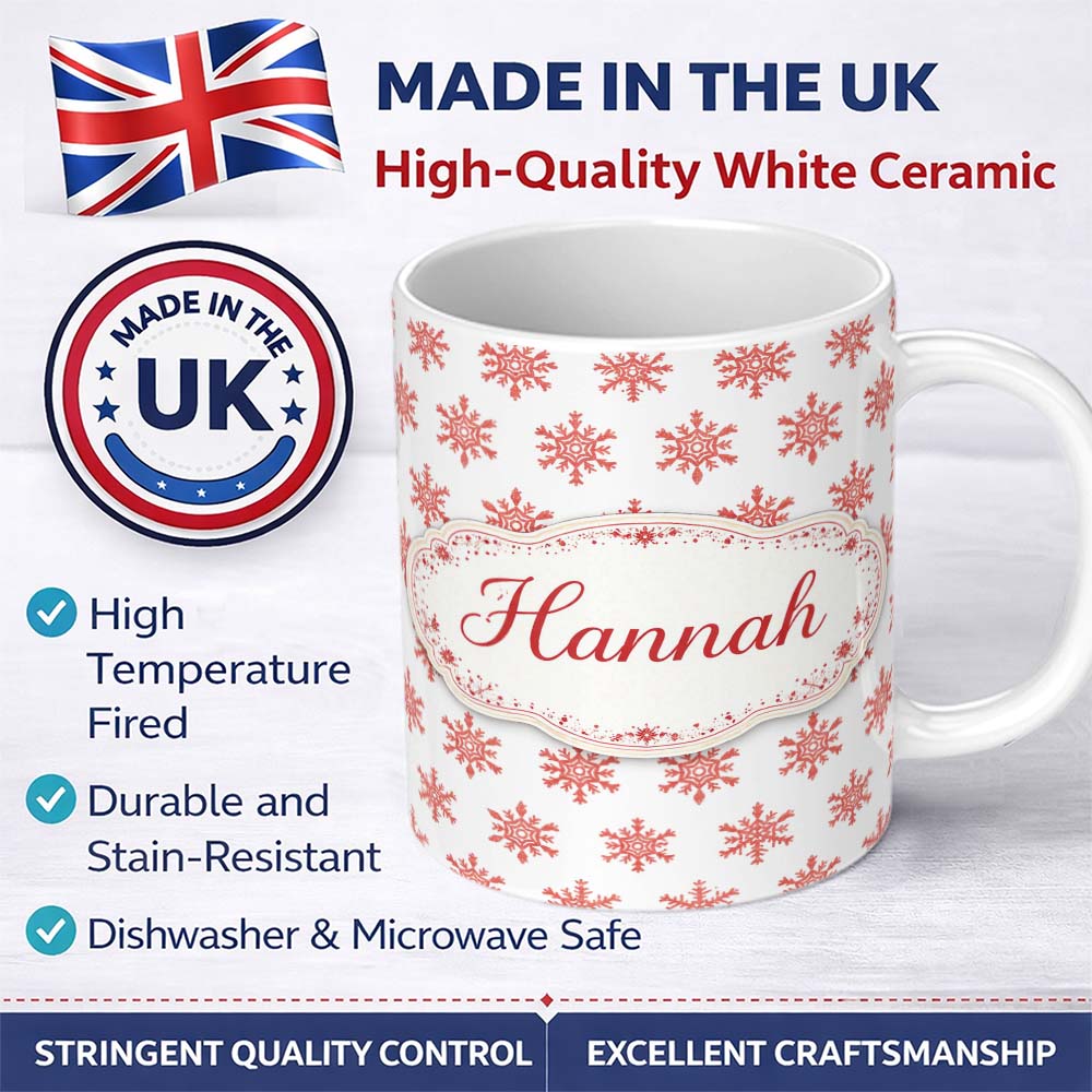 Personalized Custom Name Red Glitter Snowflake Christmas Seamless Pattern Cute Unique Gift 11oz Ceramic Coffee Tea Mug White Large Handle