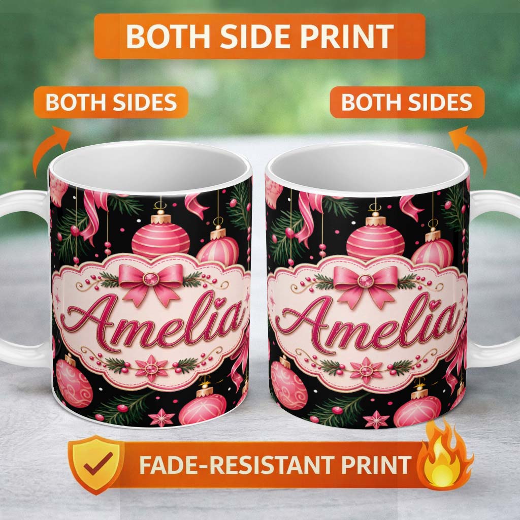 Personalized Custom Name Elegant Pink Christmas Ornament Ribbon Dark Seamless Pattern Lovely 11oz Ceramic Coffee Tea Mug White Large Handle