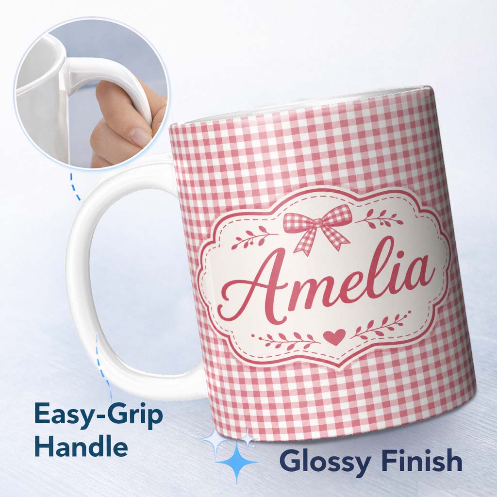 Personalized Custom Name Pink and White Gingham Picnic Style Seamless Pattern Lovely 11oz Ceramic Coffee Tea Mug White Large Handle