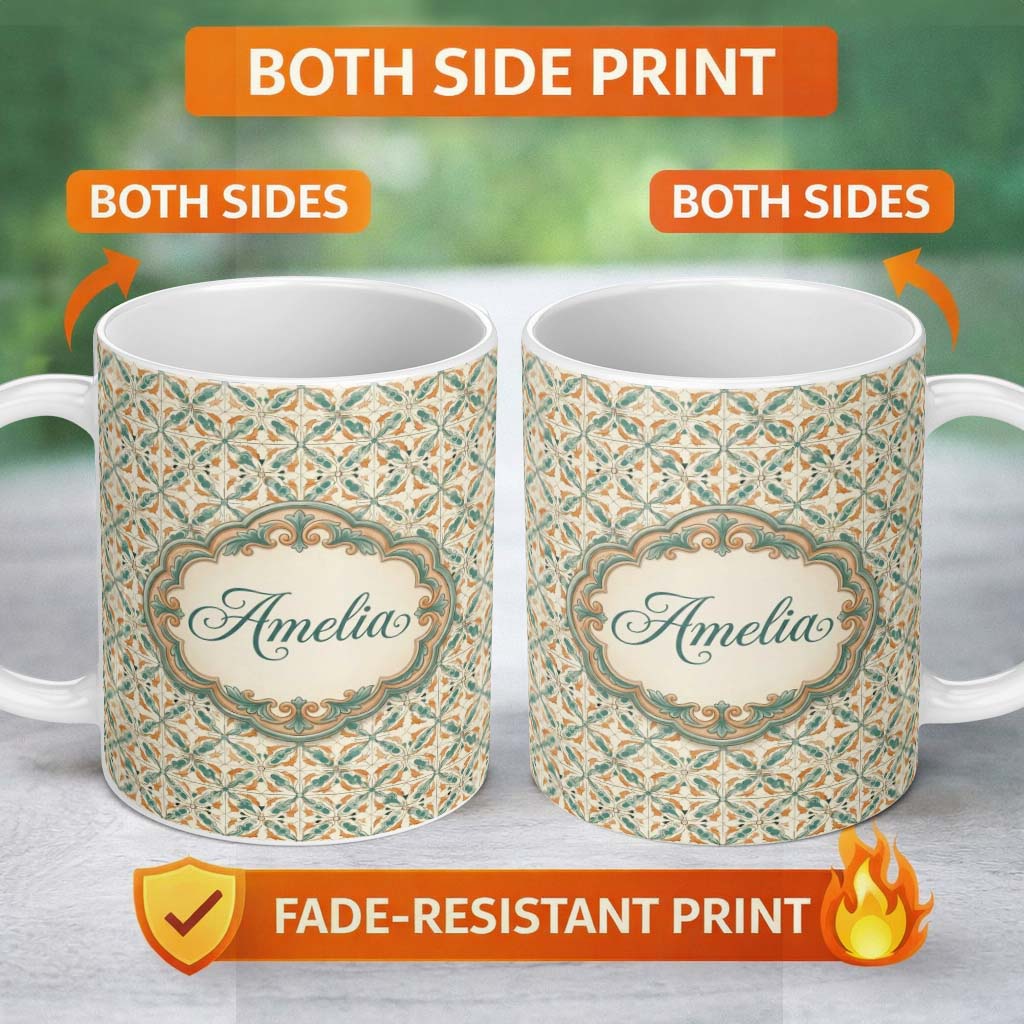 Personalized Custom Name Orange Teal Geometric Floral Tile Seamless Pattern Cute Unique Gift 11oz Ceramic Coffee Tea Mug White Large Handle