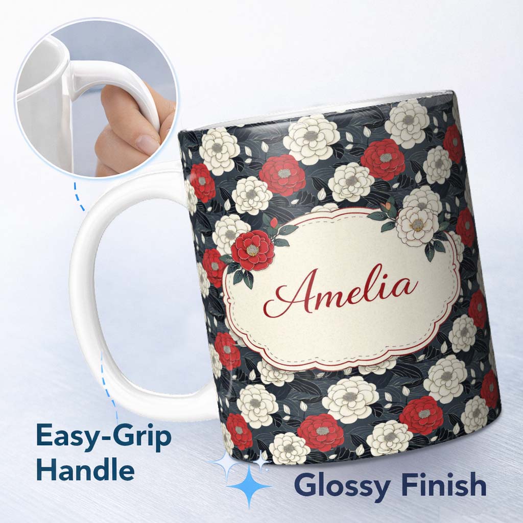 Personalized Custom Name Bold Red and Ivory Camellia Floral Seamless Pattern Cute Unique Gift 11oz Ceramic Coffee Tea Mug White Large Handle