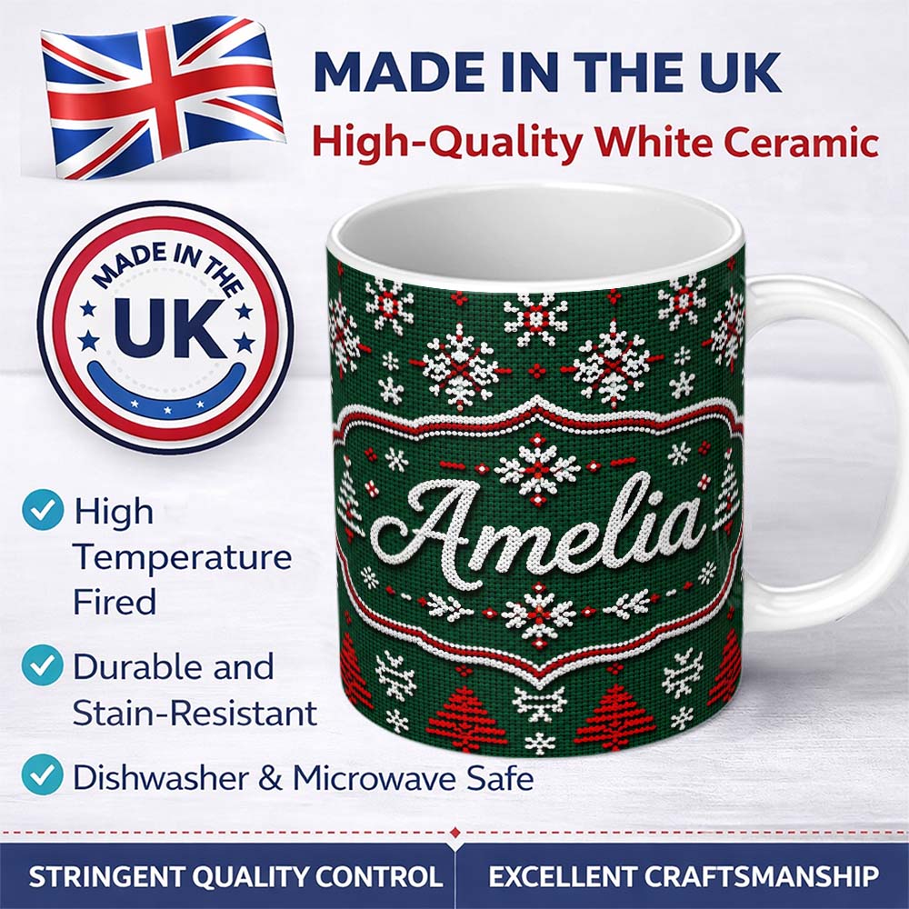 Personalized Custom Name Knitted Red White Christmas Tree Snowflake Seamless Pattern Lovely 11oz Ceramic Coffee Tea Mug White Large Handle
