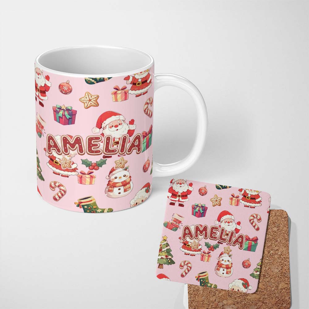 Personalized Custom Name Cute Santa Claus Mrs Claus Snowman Christmas Gift Pattern Pink 11oz Ceramic Coffee Tea Mug White Large Handle