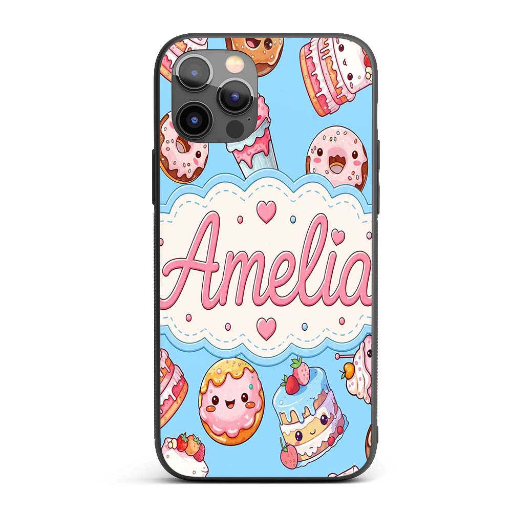 Cute Kawaii Donut Cake Dessert Blue Background Custom Name Protective Phone Case Mobile Cover Durable Everyday Smartphone Shock Resistant