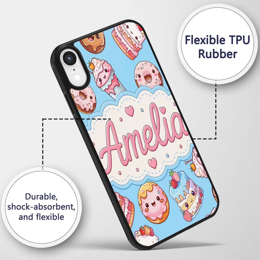 Cute Kawaii Donut Cake Dessert Blue Background Custom Name Protective Phone Case Mobile Cover Durable Everyday Smartphone Shock Resistant