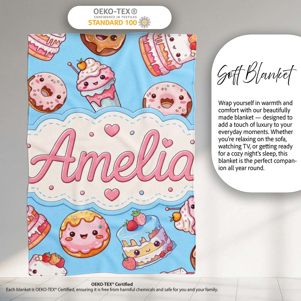 Cute Kawaii Donut Cake Dessert Blue Background Seamless Pattern Name Personalised Custom Name Super Soft Fleece Blanket Bed Sofa Throw