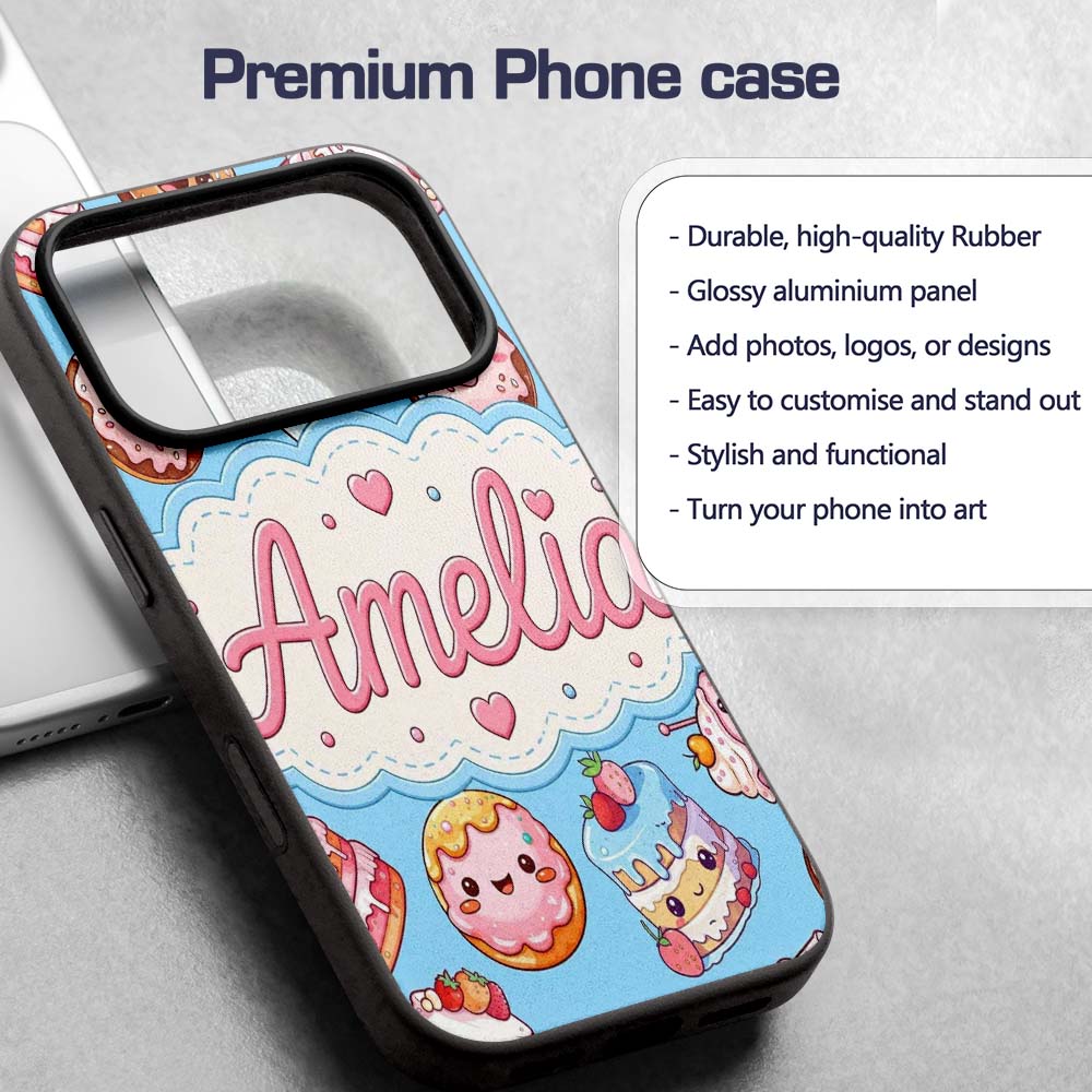 Cute Kawaii Donut Cake Dessert Blue Background Custom Name Protective Phone Case Mobile Cover Durable Everyday Smartphone Shock Resistant