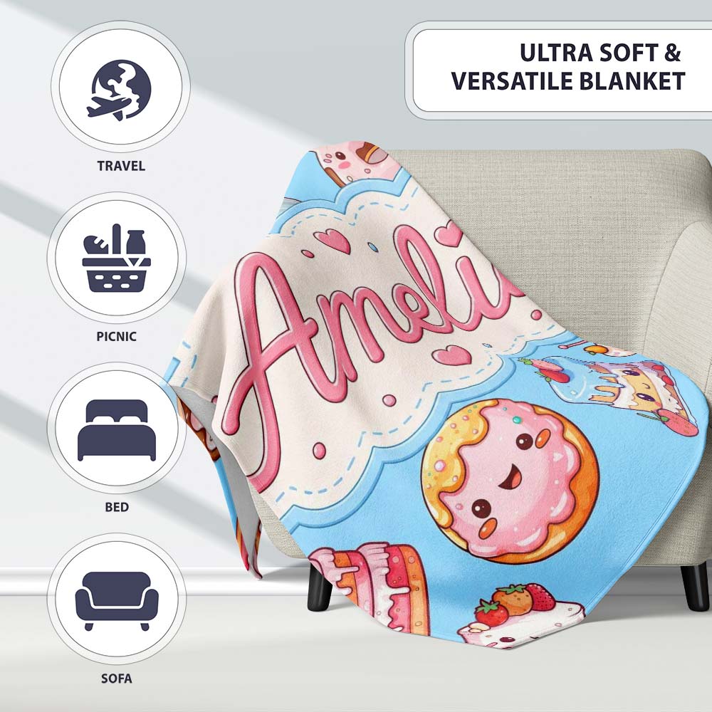 Cute Kawaii Donut Cake Dessert Blue Background Seamless Pattern Name Personalised Custom Name Super Soft Fleece Blanket Bed Sofa Throw