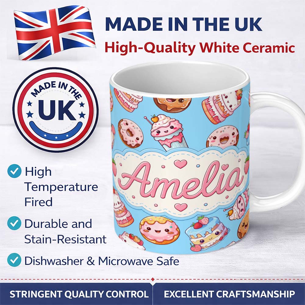 Personalized Custom Name Cute Kawaii Donut Cake Dessert Blue Background Seamless Pattern Name 11oz Ceramic Coffee Tea Mug White Large Handle