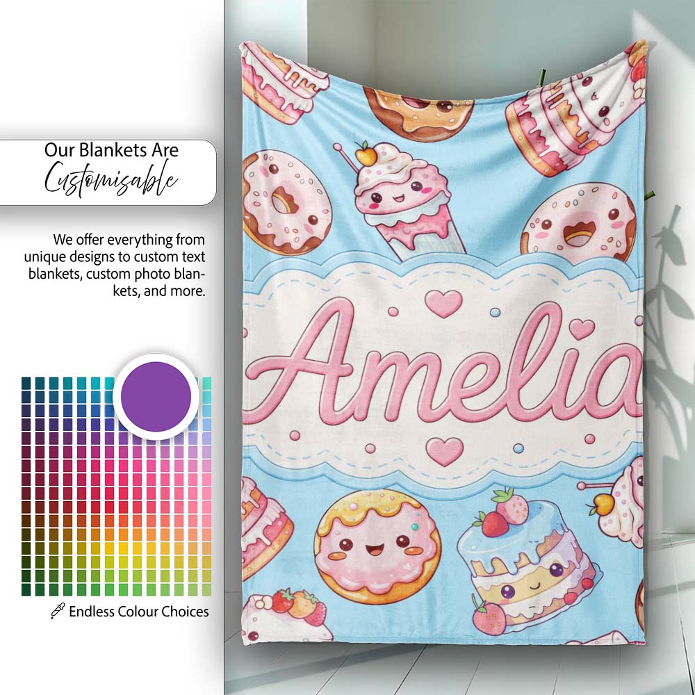 Cute Kawaii Donut Cake Dessert Blue Background Seamless Pattern Name Personalised Custom Name Super Soft Fleece Blanket Bed Sofa Throw