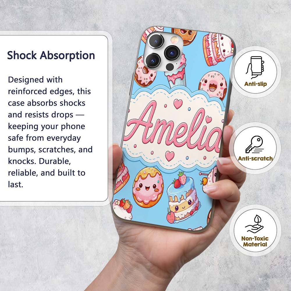 Cute Kawaii Donut Cake Dessert Blue Background Custom Name Protective Phone Case Mobile Cover Durable Everyday Smartphone Shock Resistant
