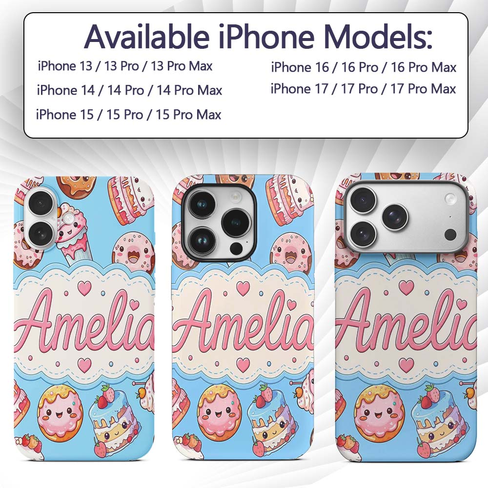 Cute Kawaii Donut Cake Dessert Blue Background Custom Name Protective Phone Case Mobile Cover Durable Everyday Smartphone Shock Resistant