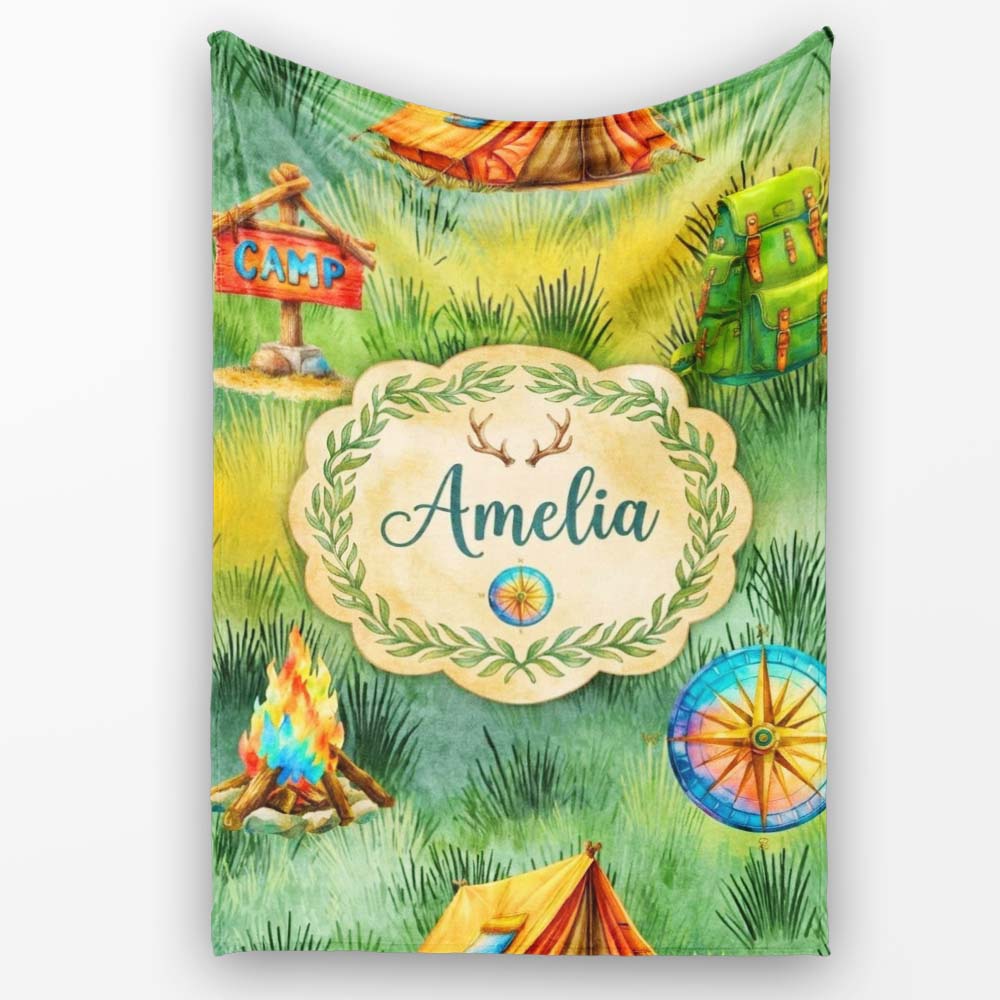 Camping Adventure Gear Watercolor Seamless Pattern Cute Unique Gift Personalised Custom Name Super Soft Fleece Blanket Bed Sofa Throw