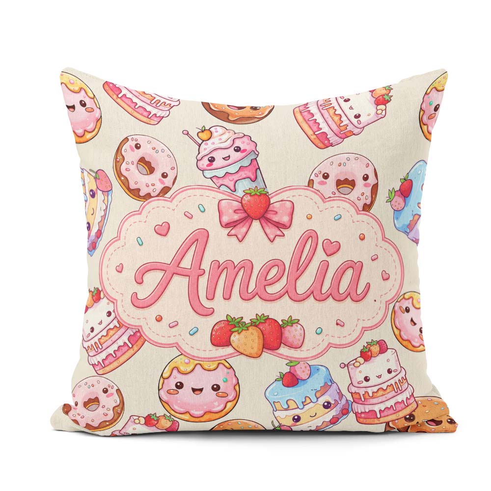 Custom Name Kawaii Donuts Cakes Desserts Beige Seamless Pattern Square Filled Cushion Throw Pillow Sofa Bed Home Decor Zip Washable UK Made