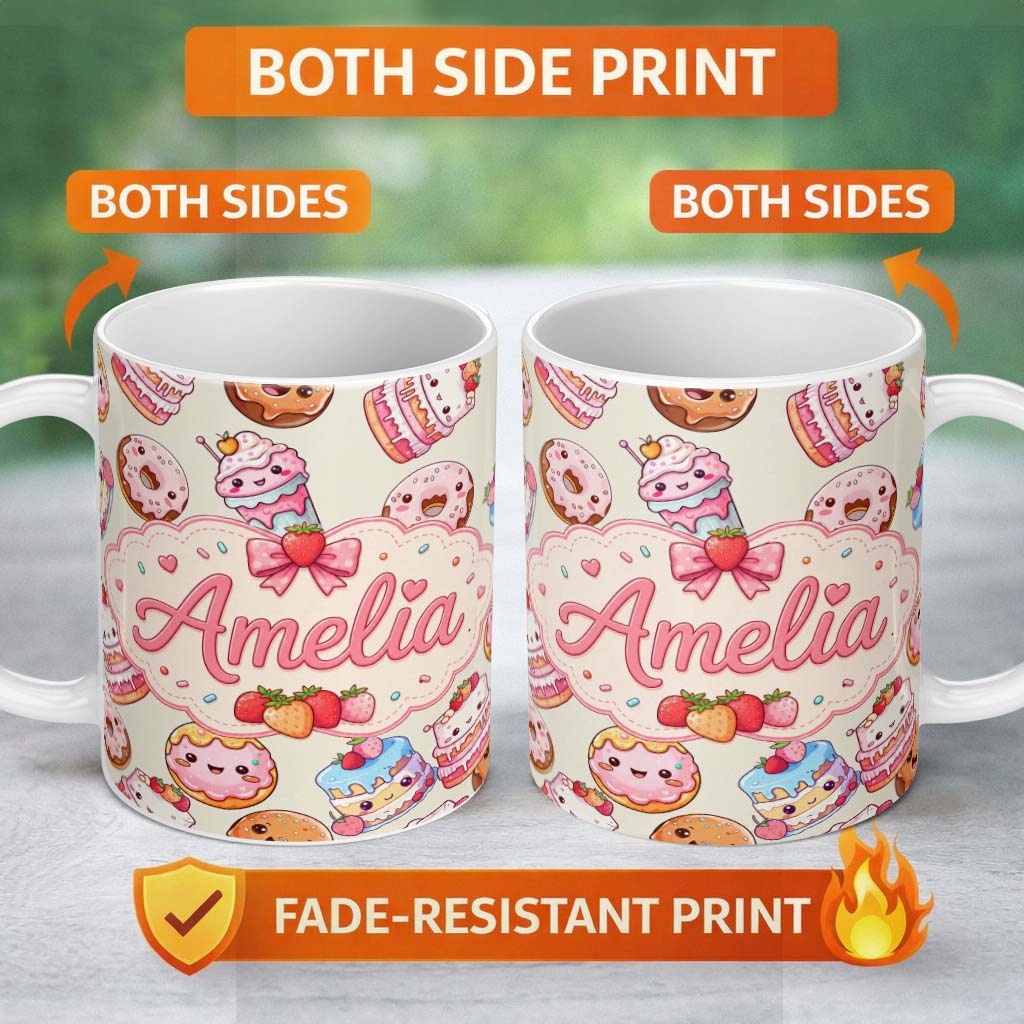 Personalized Custom Name Cute Kawaii Donuts Cakes Desserts Beige Background Seamless Pattern 11oz Ceramic Coffee Tea Mug White Large Handle