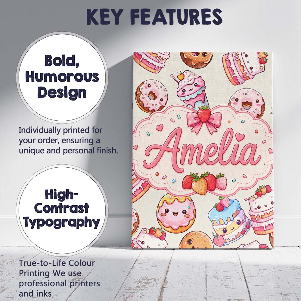 Personalised Name Cute Kawaii Donuts Cakes Custom Unique Gift Idea Elegant Feature Canvas Wall Art Print Decor Picture Ready to Hang