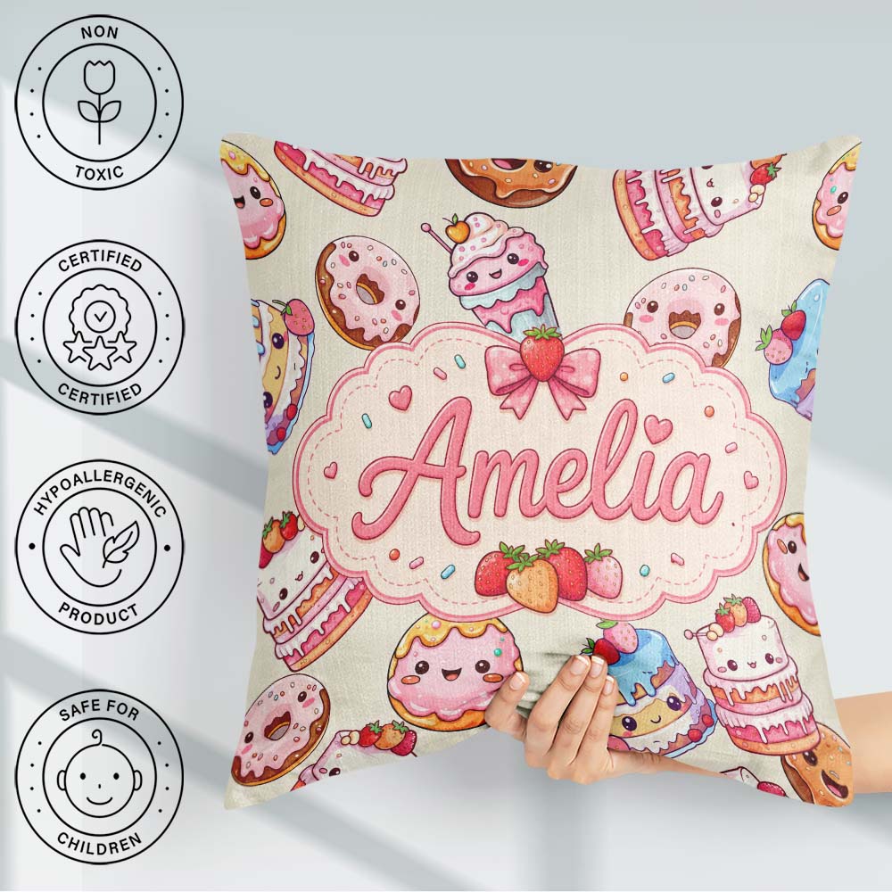 Custom Name Kawaii Donuts Cakes Desserts Beige Seamless Pattern Square Filled Cushion Throw Pillow Sofa Bed Home Decor Zip Washable UK Made