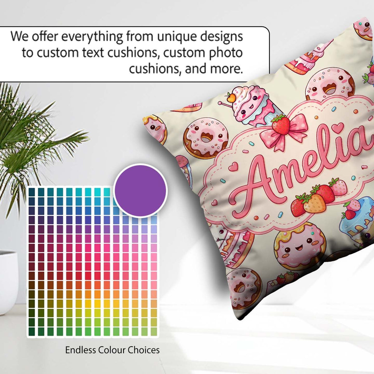 Custom Name Kawaii Donuts Cakes Desserts Beige Seamless Pattern Square Filled Cushion Throw Pillow Sofa Bed Home Decor Zip Washable UK Made