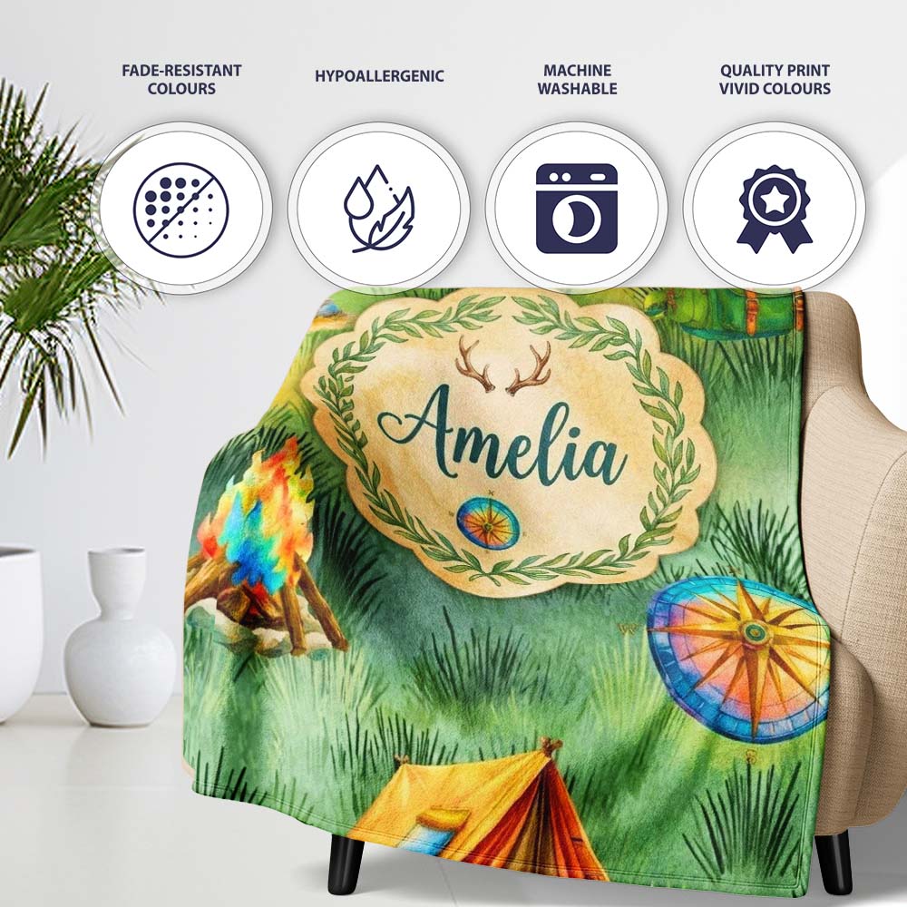 Camping Adventure Gear Watercolor Seamless Pattern Cute Unique Gift Personalised Custom Name Super Soft Fleece Blanket Bed Sofa Throw